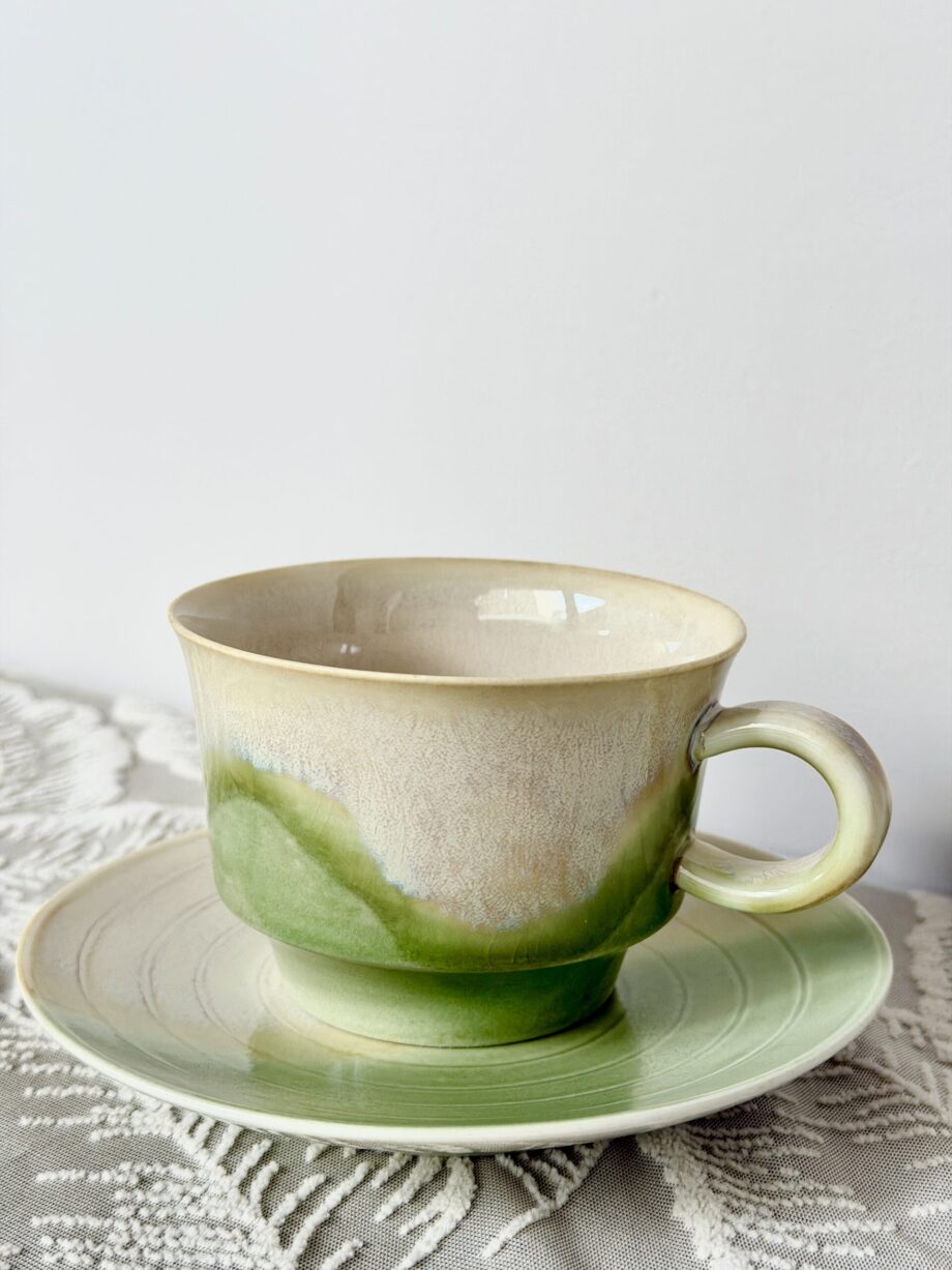 Handmade Yunnan ceramic coffee cup with green glaze, 200ml artisan pottery mug with saucer