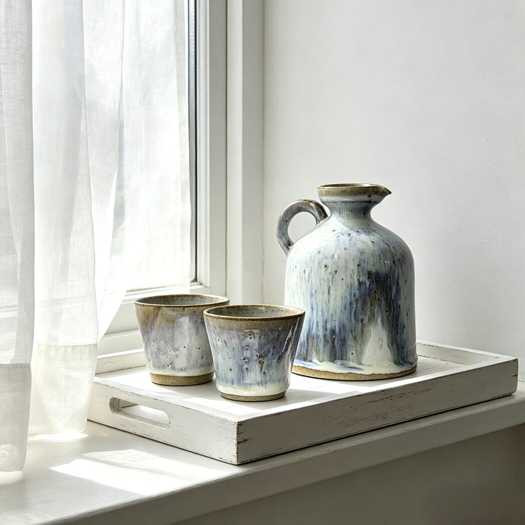 Yunnan Huaning Pottery blue-white drip glaze handmade sake set full view