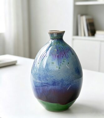 10cm handmade Yunnan mini vase, tabletop close-up, blue-purple-green flow kiln glaze details
